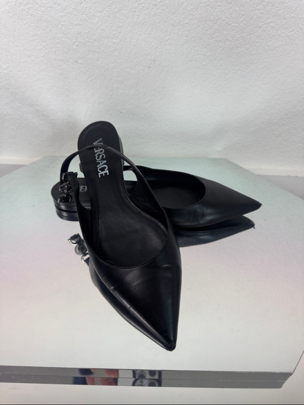 Versace Black Pointed Leather Slingback Flats